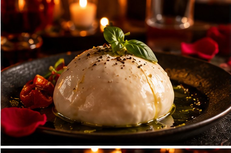 Burrata on black slate with rose petals