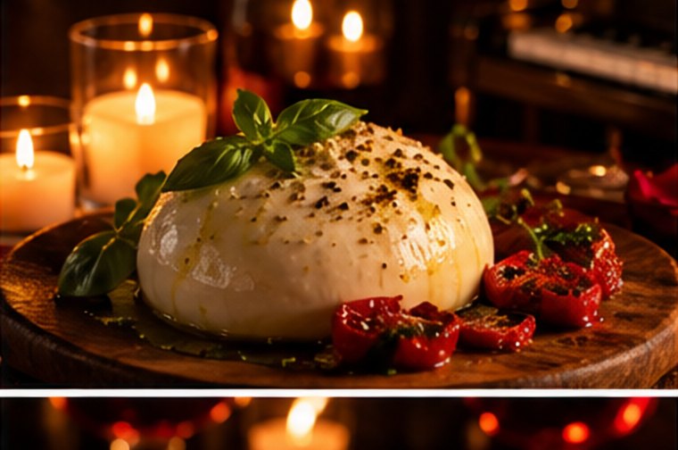 Burrata on a wooden board between two candles