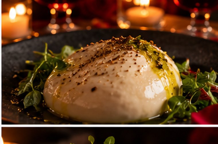 Burrata on dark slate, glistening with oil