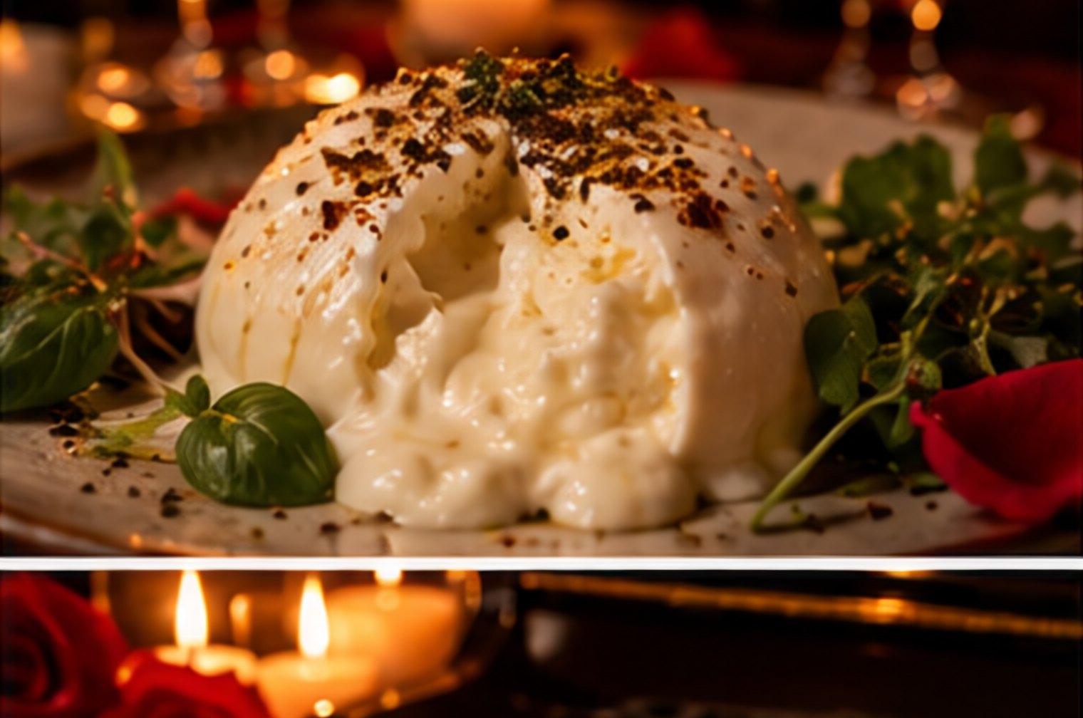 Burrata torn wide open, cream spilling over basil