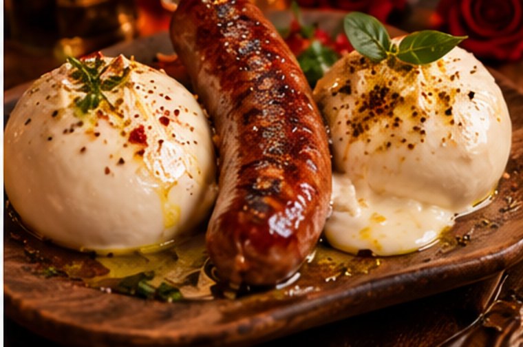 Sausage between two burratas, cream running onto the board